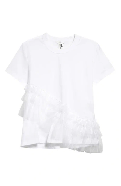 Shop Noir Kei Ninomiya Asymmetric Ruffle Organza Detail Cotton T-shirt In White