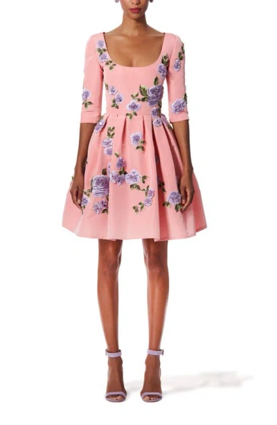 Shop Carolina Herrera Floral Embellished Silk Fit & Flare Dress In Blush
