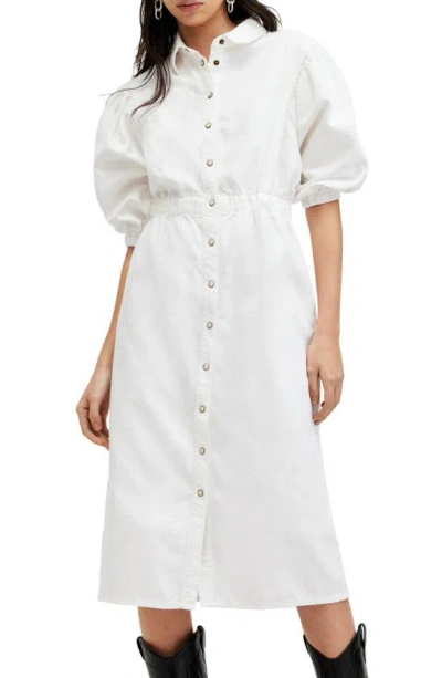 Shop Allsaints Osa Puff Sleeve Denim Shirtdress In Chalk White