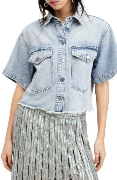 Shop Allsaints Tove Crop Short Sleeve Denim Button-up Shirt In Light Indigo