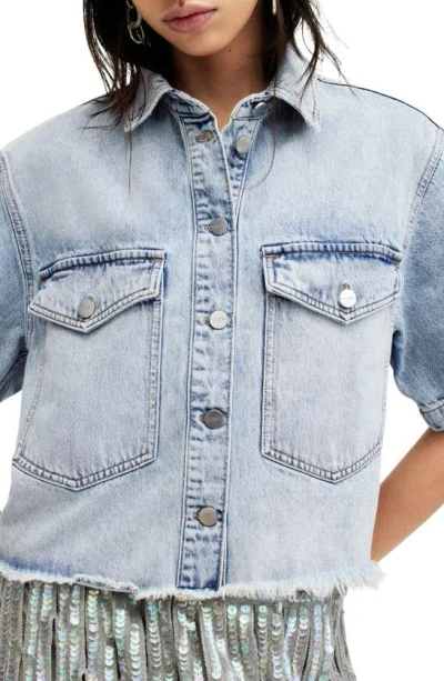 Shop Allsaints Tove Crop Short Sleeve Denim Button-up Shirt In Light Indigo
