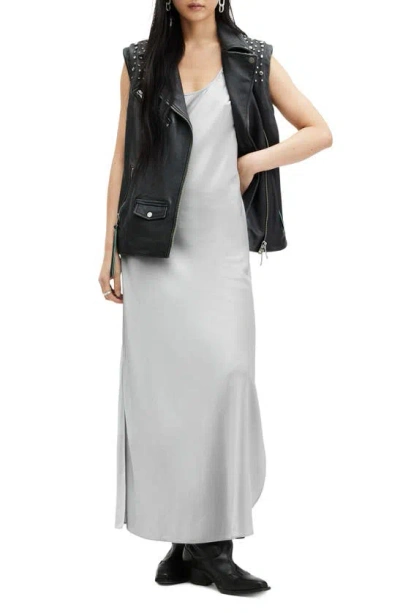 Shop Allsaints Lisa Satin Maxi Dress In Dark Silver