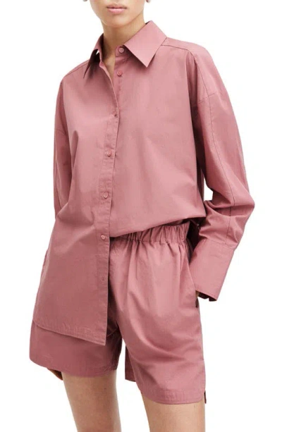 Shop Allsaints Karina Poplin Button-up Tunic Shirt In Ash Rose Pink