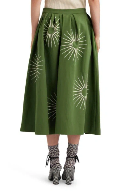 Shop Dries Van Noten Sunburst Embroidered Cotton Poplin Midi Skirt In Olive 607