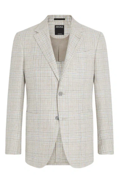 Zegna Pink And White Prince Of Wales Crossover Linen Wool And Silk Fairway Jacket In Beige