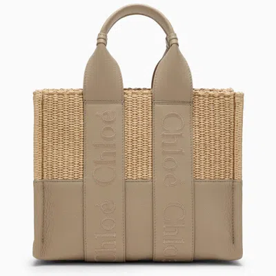 Shop Chloé Woody Small Bag In Raffia-effect In Grey