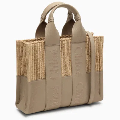 Shop Chloé Woody Small Bag In Raffia-effect In Grey
