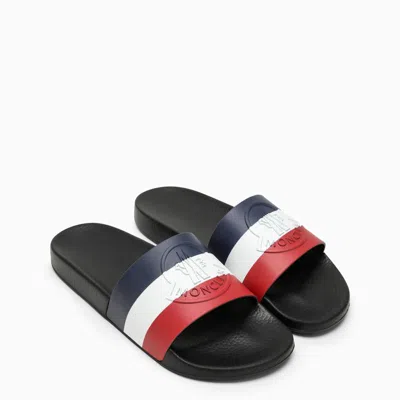 Shop Moncler Basile Slide With Tricolour Band And Logo In Black
