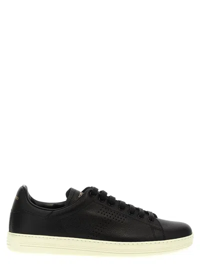 Shop Tom Ford Logo Leather Sneakers In Black