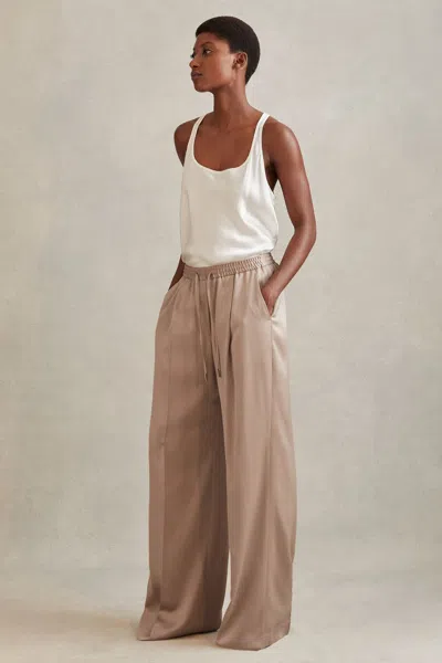 Reiss Gold Satin Drawstring Wide Leg Trousers In Gold