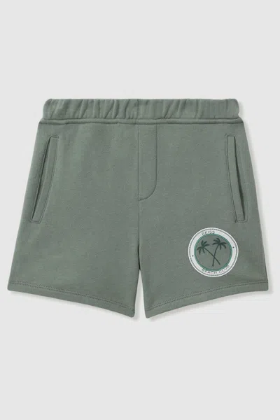 Shop Reiss Ridley - Dark Sage Junior Cotton Motif Sweat Shorts, Age 4-5 Years