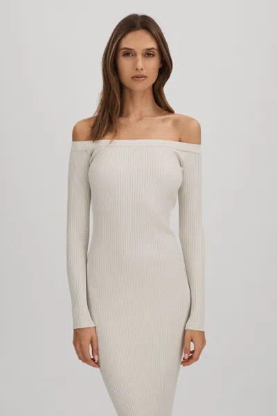 Shop Good American Cloud White  Ribbed Off The Shoulder Maxi Dress