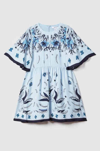 Shop Reiss Ania - Blue Teen Printed Flared Sleeve Dress, Uk 13-14 Yrs