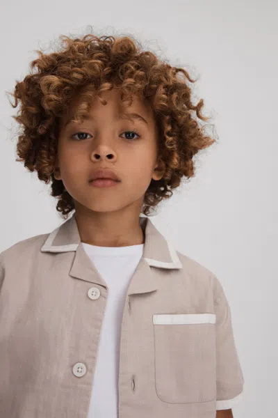 Shop Reiss Vitan - Stone/white Linen Contrast Cuban Collar Shirt, Age 8-9 Years