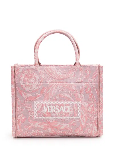 Shop Versace Small Tote Athena Barocco Bag In Pale Pink-english Rose-oro