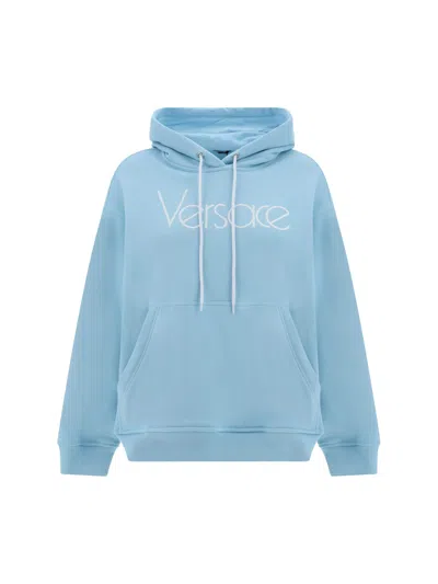 Shop Versace Hoodie In Pale Blue+bianco