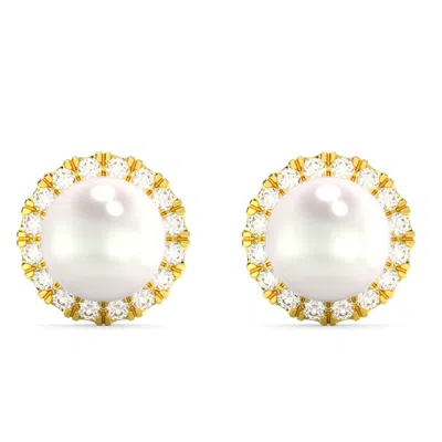 Pompeii3 6mm Pearl & Diamond Halo Studs Women's 14k Gold Earrings Lab Grown In Multi