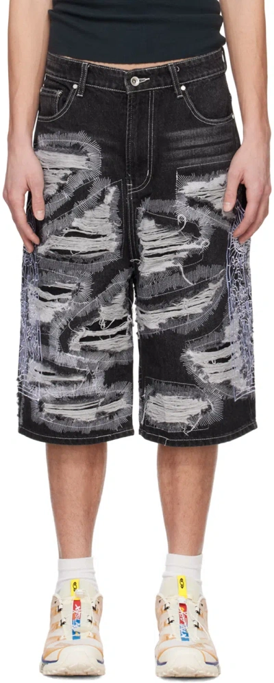 Shop Who Decides War Black Embroidered Denim Shorts In Coal