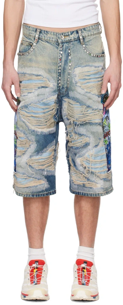 Shop Who Decides War Blue Studded Denim Shorts