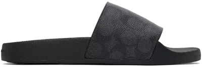 Shop Coach Black Coated Canvas Slides In Charcoal Signature