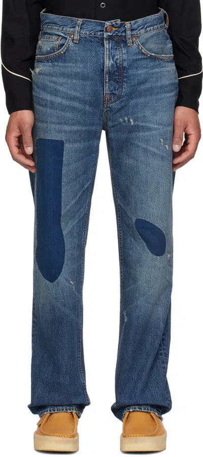 Shop Nudie Jeans Blue Tuff Tony Jeans In Patch Work