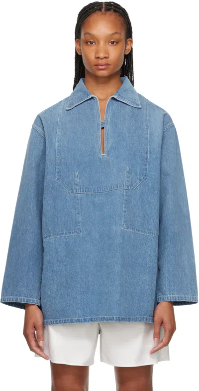 Shop Auralee Blue Plunging Denim Shirt In Light Indigo