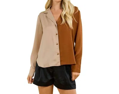 Shop Glam Button Down Color Block Shirt In Taupe In Beige