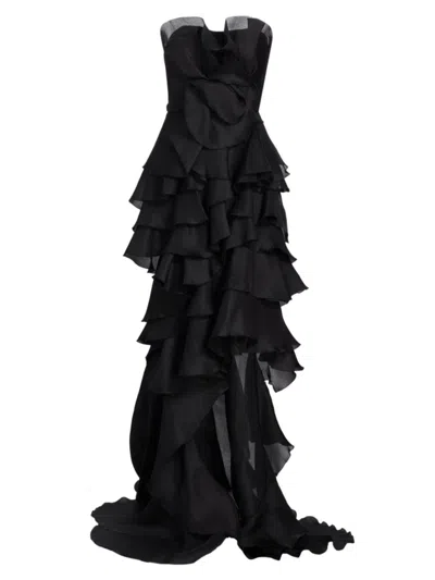 Shop Marchesa Women's Ruffled Silk Strapless Gown In Black