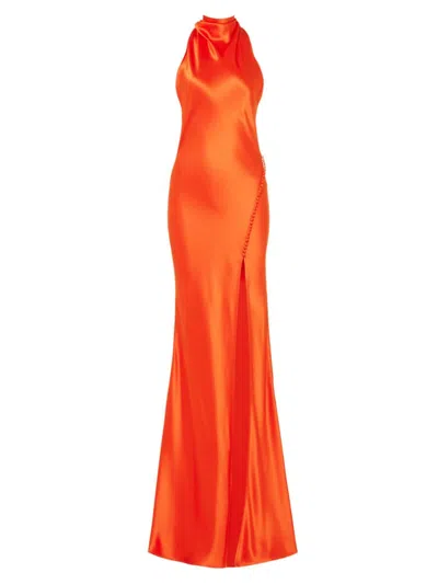 Shop Sau Lee Women's Penelope Satin Halterneck Gown In Scarlet Orange