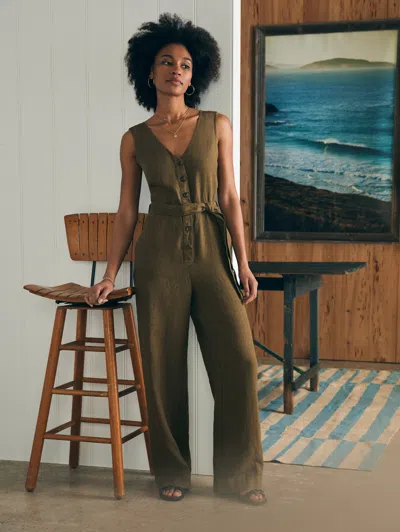 Shop Faherty Linen Alina Jumpsuit In Military Olive