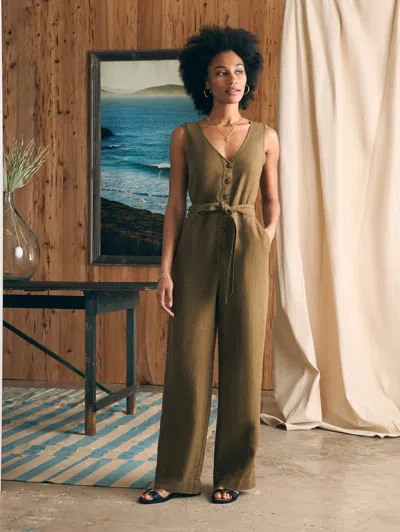 Shop Faherty Linen Alina Jumpsuit In Military Olive