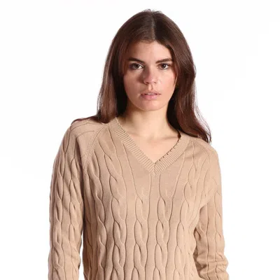 Shop Minnie Rose Cotton Cable Long Sleeve V-neck With Frayed Edges In Brown