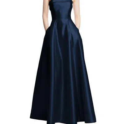 Shop Alfred Sung Strapless Bias Cuff Bodice Satin Gown With Pockets In Blue