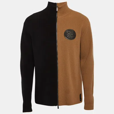 Pre-owned Fendi Beige/black Rib Knit Applique Detail Double Zipper Sweater L