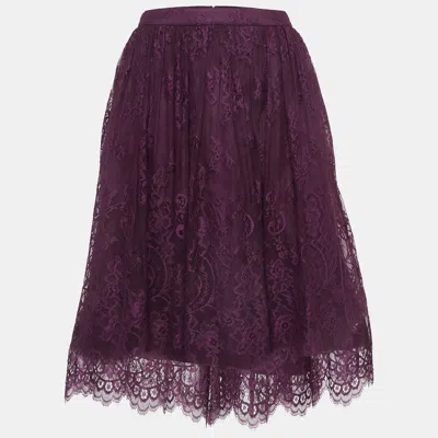 Pre-owned Alice And Olivia Purple Floral Pattern Lace Gathered Midi Skirt M