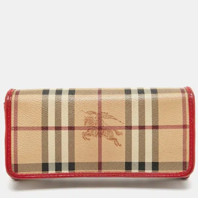 Pre-owned Burberry Red/beige House Check Coated Canvas And Patent Leather Flap Continental Wallet
