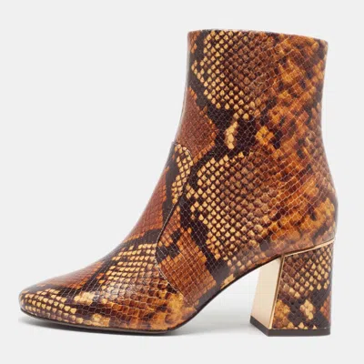 Pre-owned Tory Burch Brown Python Embossed Leather Ankle Boots Size 37