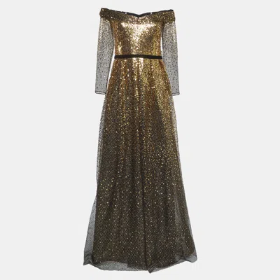 Pre-owned Notte By Marchesa Black Gold Sequined Embellished Tulle Gown L
