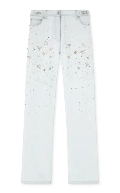 Shop Versace Embellished Rigid Low-rise Boyfriend Jeans In Light Wash