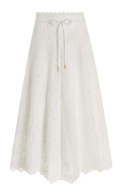 Shop Zimmermann Ottie Flared Embroidered Cotton Maxi Skirt In Ivory