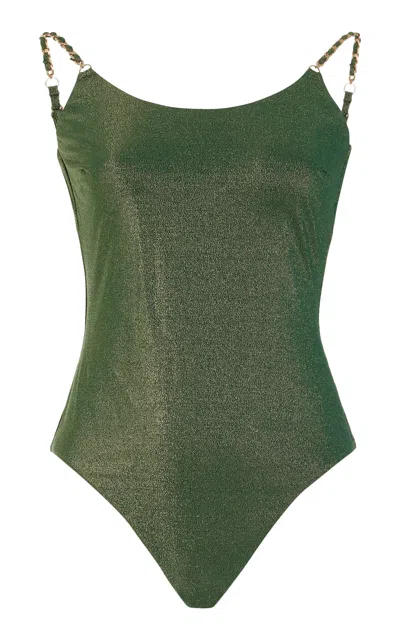 Shop Zimmermann Halliday Chain-detailed Metallic Lurex One-piece Swimsuit In Green