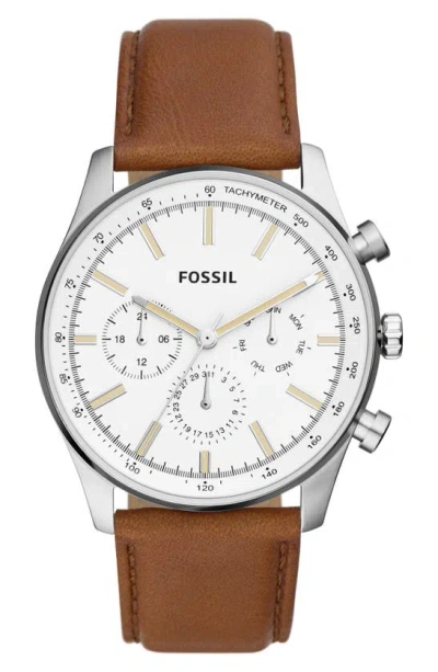 Shop Fossil Sullivan Three-hand Quartz Faux Leather Strap Watch, 44mm In Silver