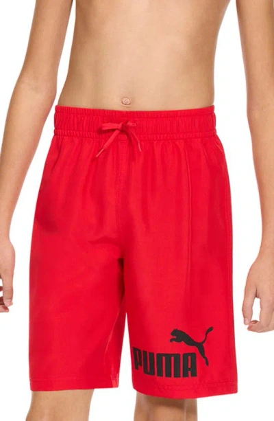 Shop Puma Kids' Logo Swim Trunks In Red