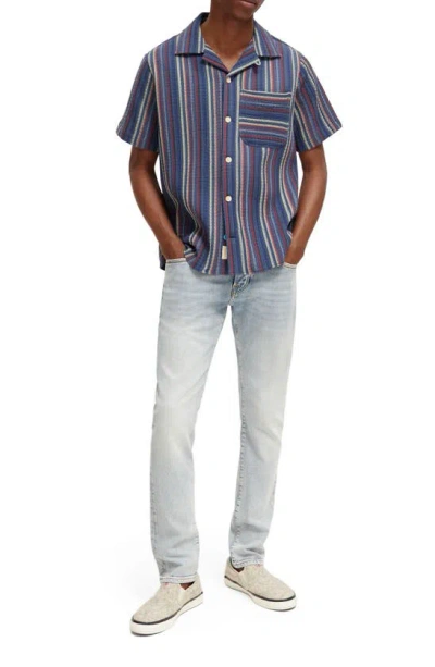 Shop Scotch & Soda Slim Fit Stripe Short Sleeve Cotton Button-up Shirt In 6541-blue Pink Multi Stripe