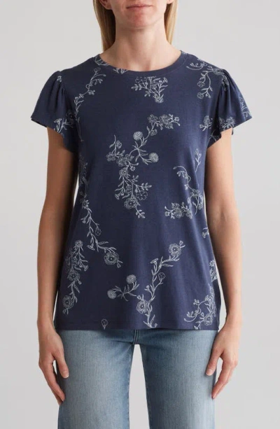 Shop C&c California Estelle Flutter Sleeve T-shirt In Mood Indigo Sketched Floral
