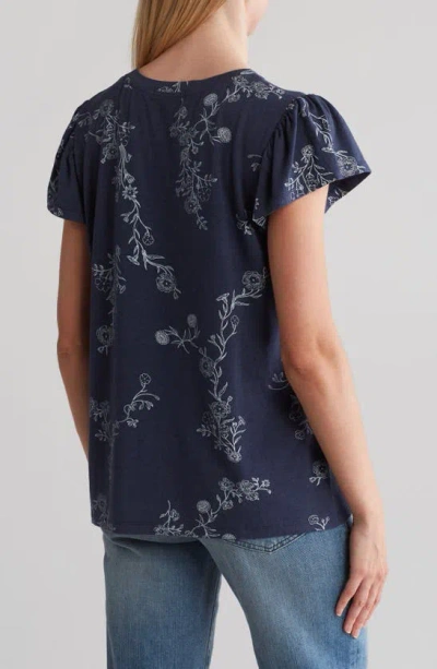 Shop C&c California Estelle Flutter Sleeve T-shirt In Mood Indigo Sketched Floral