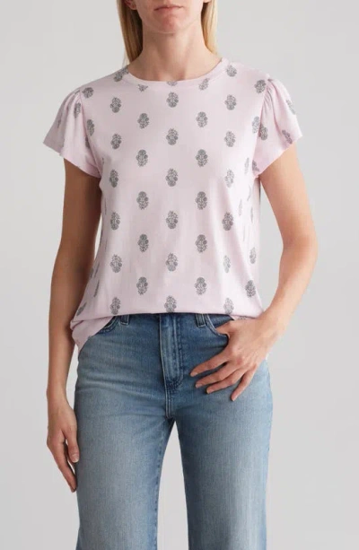 Shop C&c California Estelle Flutter Sleeve T-shirt In Light Lilac Woodblock Floral