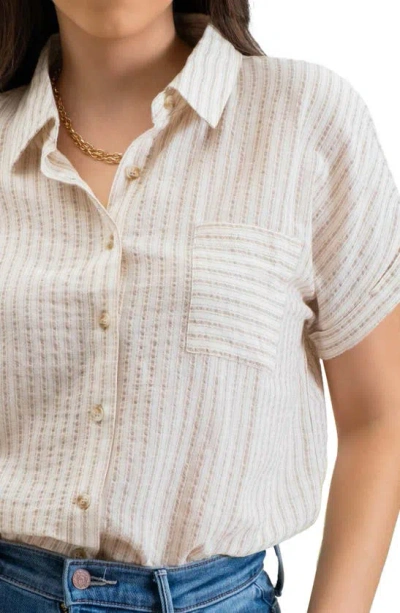 Shop Blu Pepper Short Sleeve Striped Button Front Shirt In Khaki