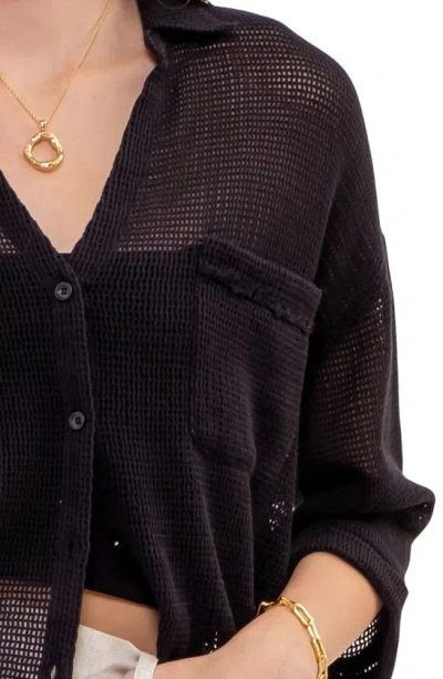 Shop Blu Pepper Mesh Knit Sheer Button Front Top In Black