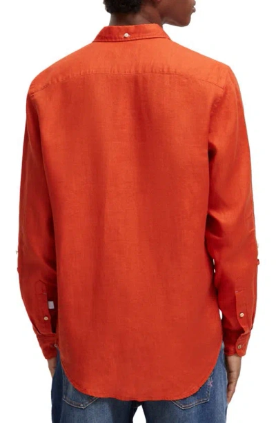 Shop Scotch & Soda Linen Roll Sleeve Button-down Shirt In Medium Red